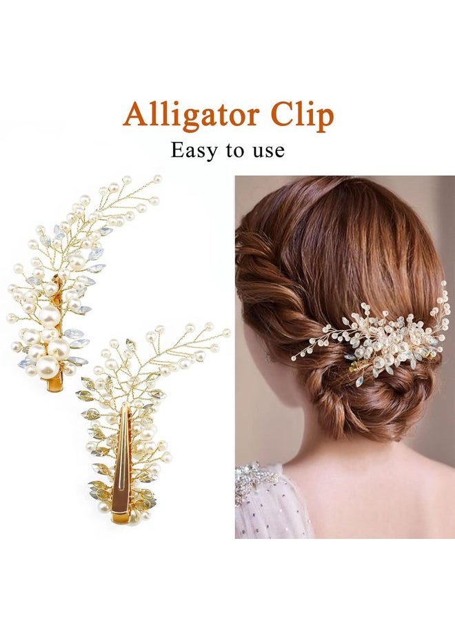 Oasisgalore 2 Pcs Gold Wedding Pearl Hair Clips with Rhinestones, Bridal Hair Accessories.  - Image 3