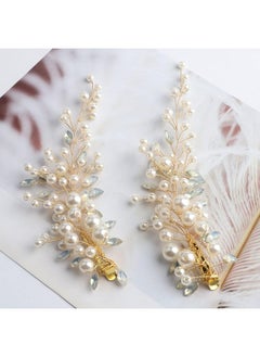 Oasisgalore 2 Pcs Gold Wedding Pearl Hair Clips with Rhinestones, Bridal Hair Accessories.  - Image 2