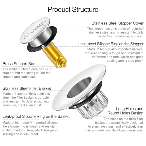 COAMANUG Bathtub Stopper | Shower Drain Hair Catcher, Pop-up Tub Stopper with Strainer | Pop-up Bathtub Drain Plug | Drai Protector for 1-1/2 to 1-3/4" Bath Drain Hole- Pearl Chrome - Image 5