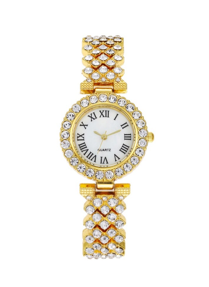 Generic Fashionable Roman Pattern Diamond Ladies Watch Student Quartz Watch Bracelet Watch (Gold)  - Image 1