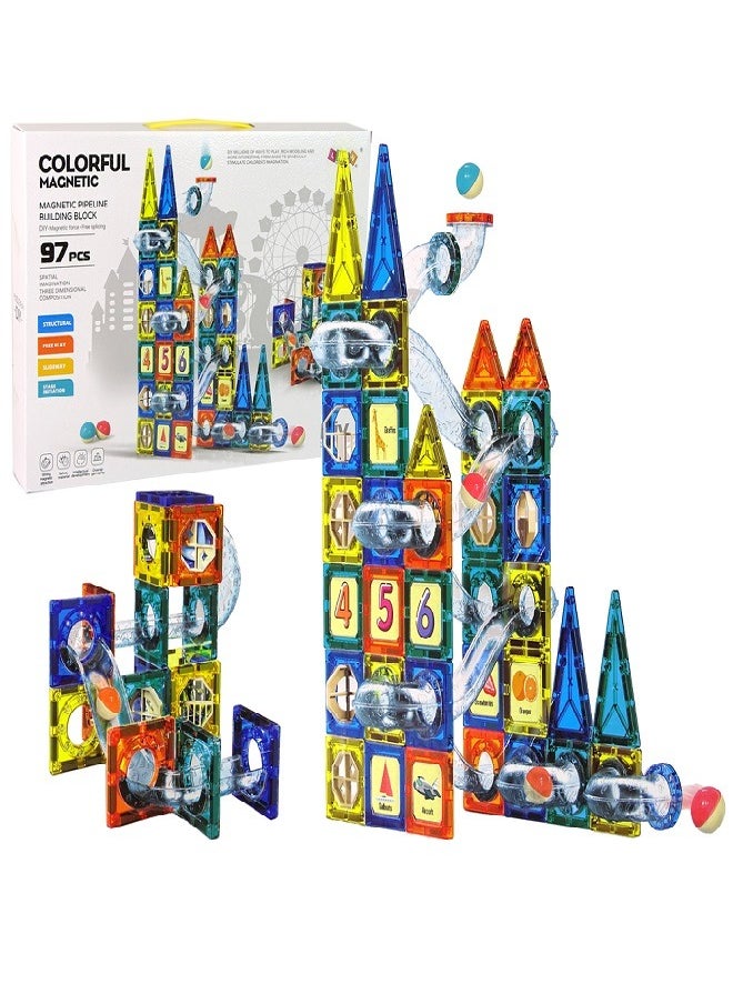 Ibecare 97Pcs Magnetic Marble Run Set | STEM Educational Toy for Kids | Magnetic Tiles | 3D Building Blocks | Best Gift for Boys & Girls 3+ | Marble Run with Race Tracks, Maze Games (97 PCS)  - Image 1