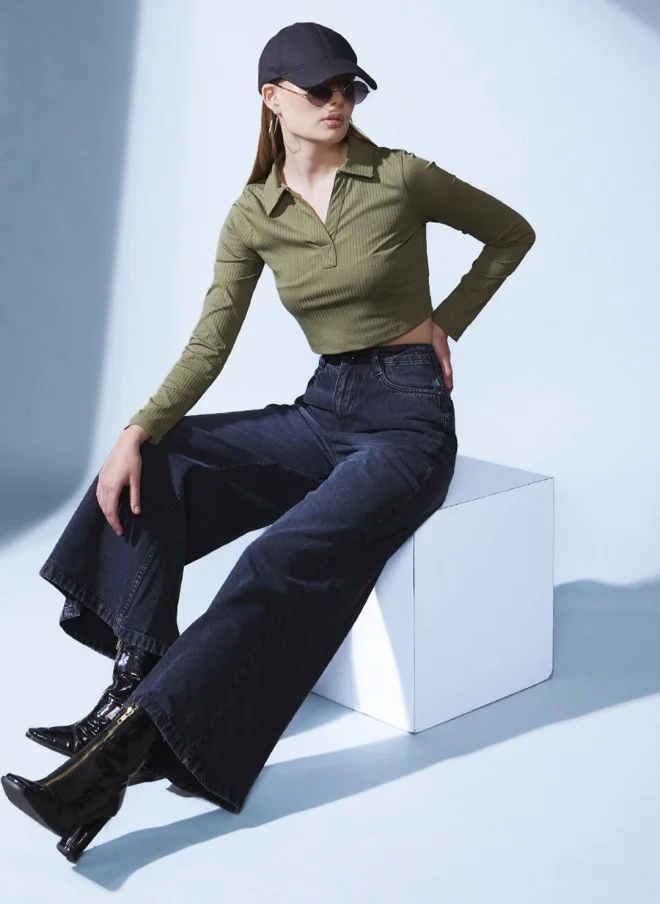 STREET 9 BASICS Olive Green Polo Collar Ribbed Crop T-shirt for Women