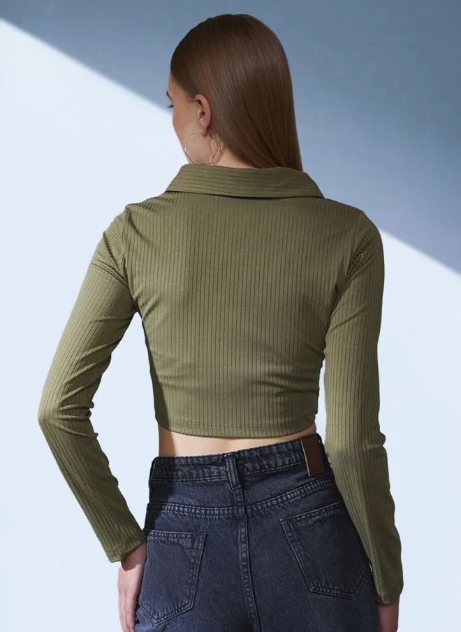 STREET 9 BASICS Olive Green Polo Collar Ribbed Crop T-shirt for Women