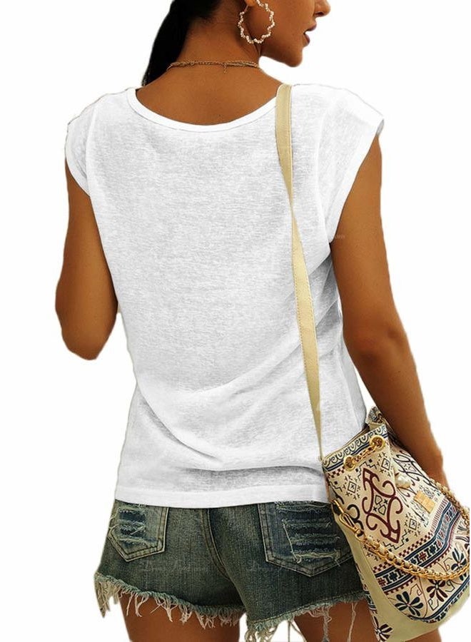 Langwyqu Womens Cap Sleeve Blouses T-Shirt Casual Loose Fit Basic Shirts Tank Tops, White, S - Image 2