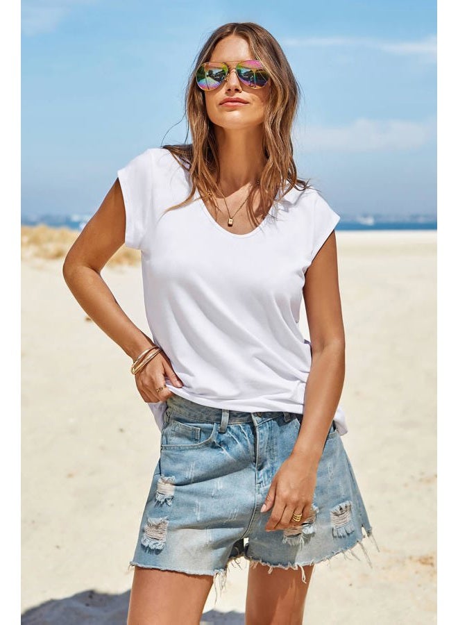 Langwyqu Womens Cap Sleeve Blouses T-Shirt Casual Loose Fit Basic Shirts Tank Tops, White, S - Image 5