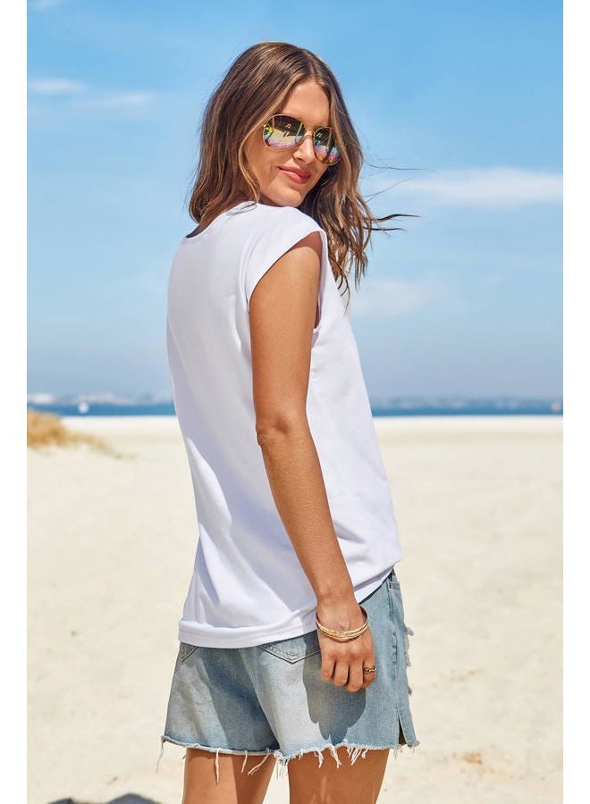 Langwyqu Womens Cap Sleeve Blouses T-Shirt Casual Loose Fit Basic Shirts Tank Tops, White, S - Image 4