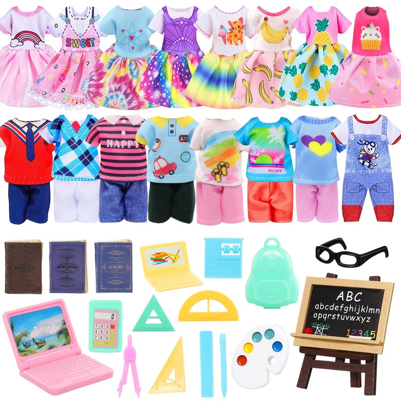 ENOCHT 22 PCS 6 inch Dolls School Set Doll Clothes and Accessories Including 2 Clothes Sets 3 Fashion Dresses 1 Computer 1 Glasses and 15 pcs Study Accessories - Image 2