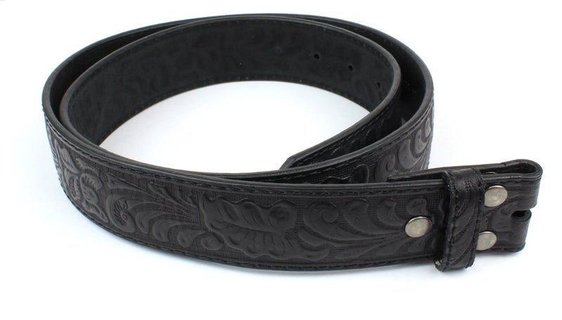 BC Belts Leather Belt Strap with Embossed Western Scrollwork 1.5" Wide with Snaps (Black-L) - Image 1