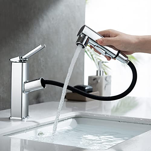 HANLIAN Single Hole Bathroom Pull Out Faucet with Rotating Spout One Handle Faucet for Bathroom Sink Modern Bathroom Faucet with Pull Down Sprayer 3 Modes Lavatory Vanity Faucets Chrome Regular
