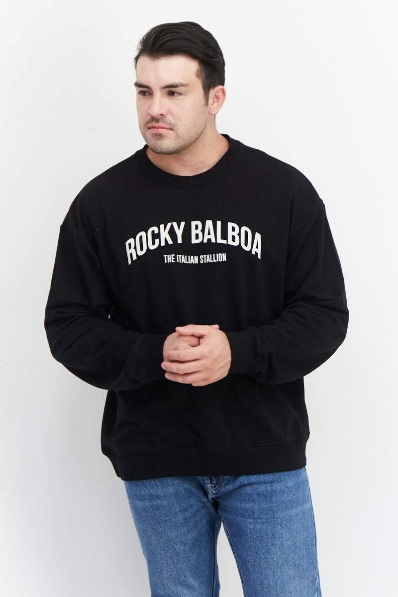 Rocky سويت شيرت رجالي بأكمام طويلة وياقة دائرية بطبعة جرافيك، أسود - Image 1