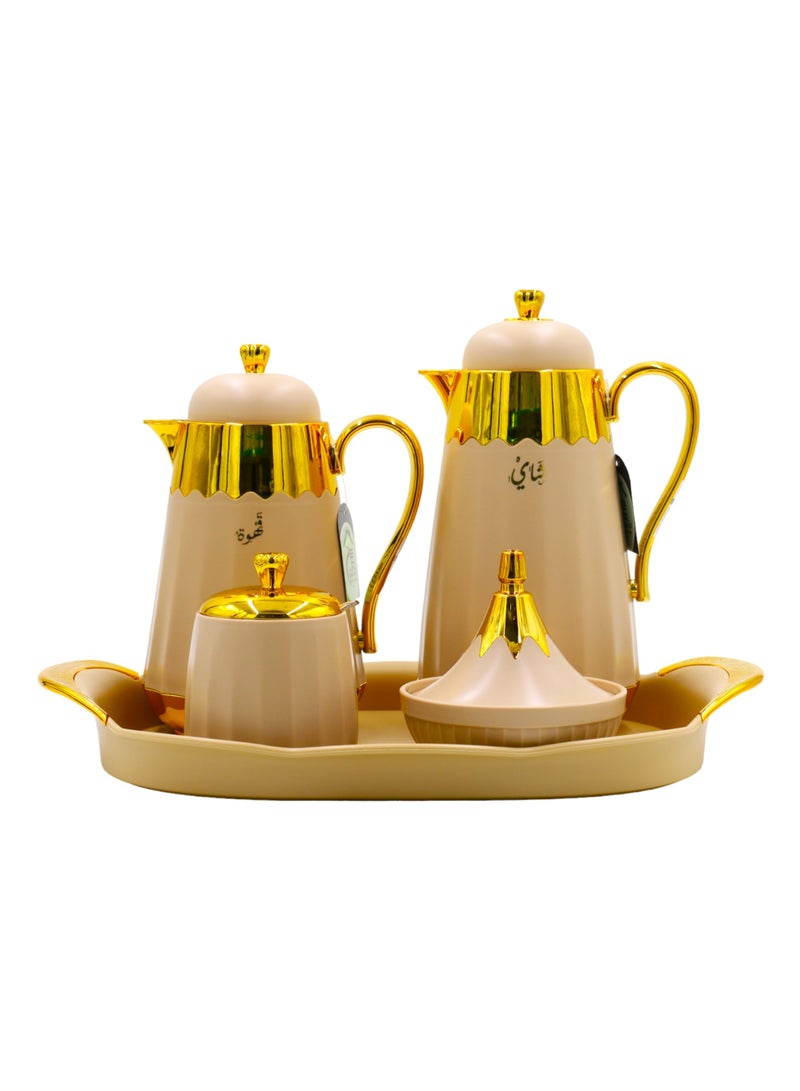 الأسطورة طقم ترامس شاي وقهوة فاخر – 5 قطع بتصميم أنيق وجذاب مع صينية تقديم وعلب سكرية وتمرية بلون بيج على ذهبي - Image 2