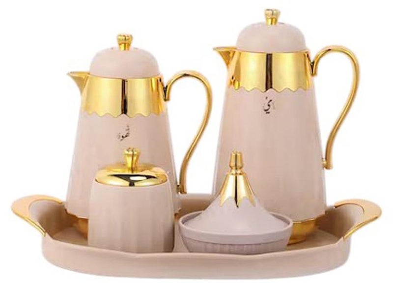 الأسطورة طقم ترامس شاي وقهوة فاخر – 5 قطع بتصميم أنيق وجذاب مع صينية تقديم وعلب سكرية وتمرية بلون بيج على ذهبي - Image 1
