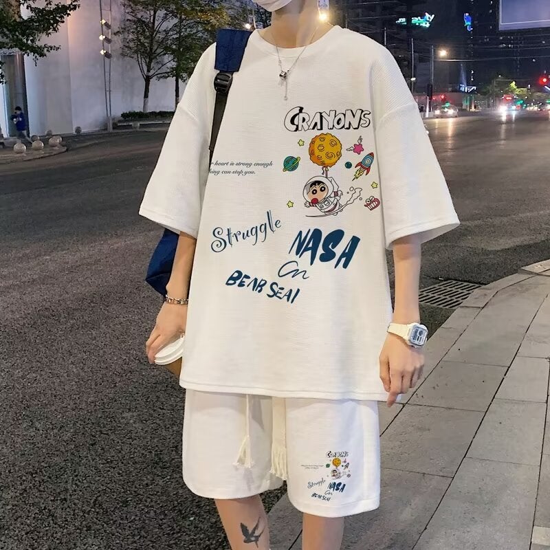 Summer fashion suit mens fashion brand boys handsome suit with summer casual sports short sleeve shorts two-piece suit H52 White - Image 1