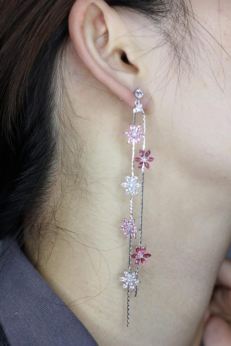 Excefore Flower Drop Earrings 925 Silver needle pin with AAA Grade Cubic Zirconia Droplet Dangle Earrings for Women Girls Elegant Long Threader Earrings - Image 2