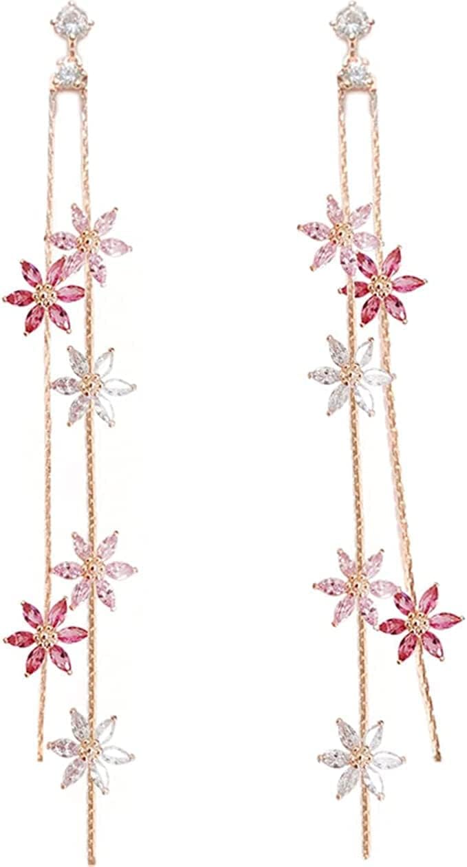 Excefore Flower Drop Earrings 925 Silver needle pin with AAA Grade Cubic Zirconia Droplet Dangle Earrings for Women Girls Elegant Long Threader Earrings - Image 1