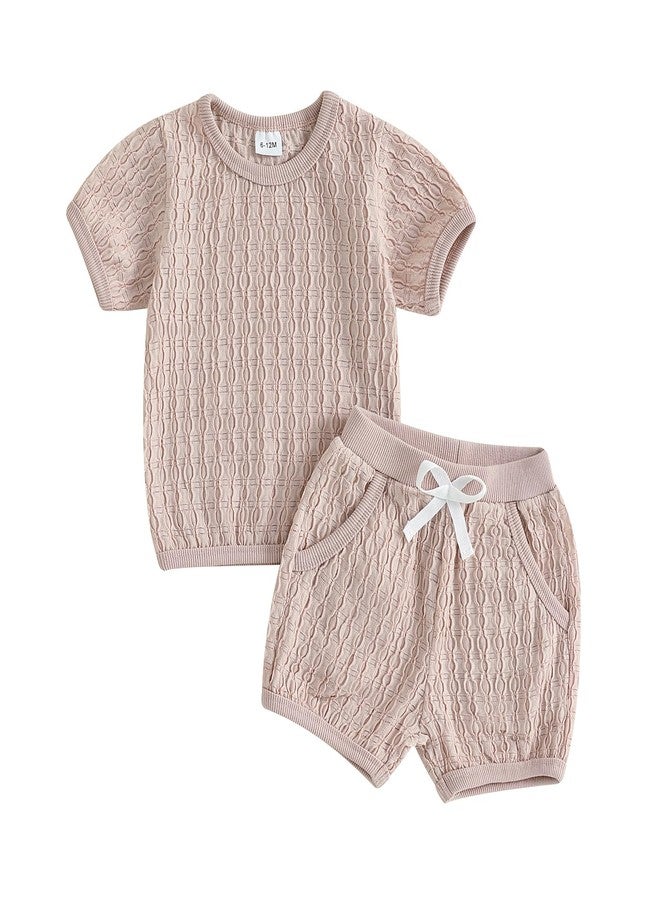 Fernvia Toddler Baby Girl Summer Clothes Solid Jacquard Short Sleeves T-Shirt Tops + Shorts 3 6 9 12 18 24 Months Outfits Set (Pink, 0-6 Months) - Image 1