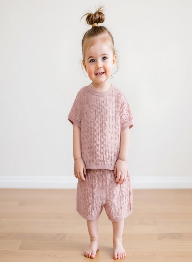 Fernvia Toddler Baby Girl Summer Clothes Solid Jacquard Short Sleeves T-Shirt Tops + Shorts 3 6 9 12 18 24 Months Outfits Set (Pink, 0-6 Months) - Image 2