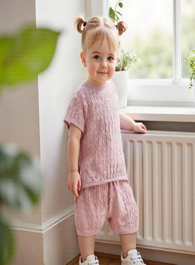 Fernvia Toddler Baby Girl Summer Clothes Solid Jacquard Short Sleeves T-Shirt Tops + Shorts 3 6 9 12 18 24 Months Outfits Set (Pink, 0-6 Months) - Image 3