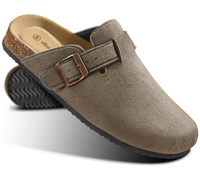 KEMISANT Women Clogs Mules Sandals Slippers Fleece Lined Upper Unisex,Memory Foam Cushioned Cork-Footbed(Taupe-9 Women/7 Men) - Image 1