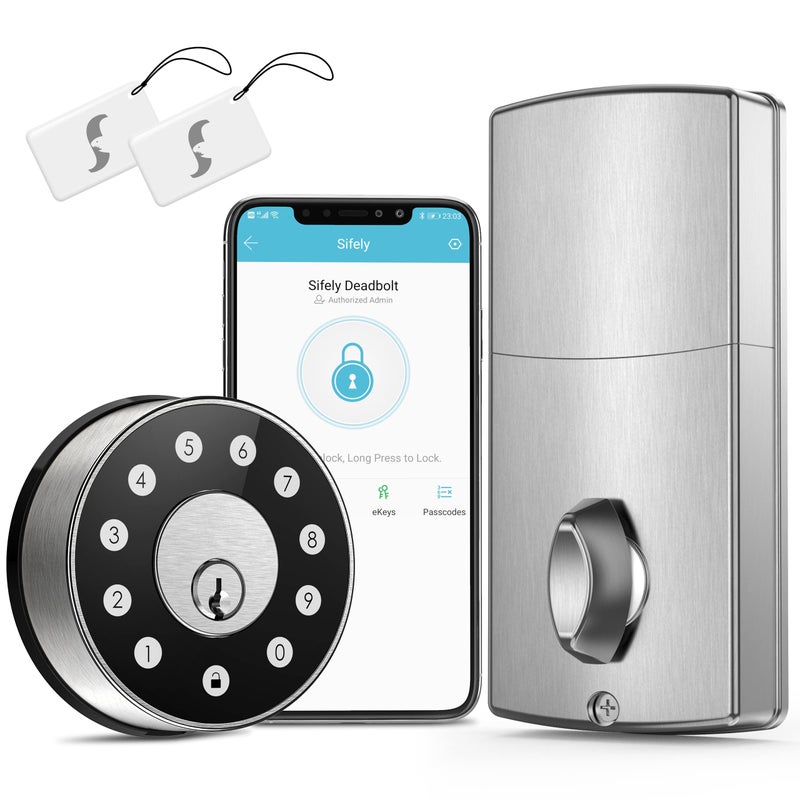 Sifely Keyless Deadbolt Smart Door Lock: Sifely Digital Keyless Entry Door Lock for Front Door, Code & Fob Access, App Control, Auto Lock, Easy to Install (Silver) - Image 1