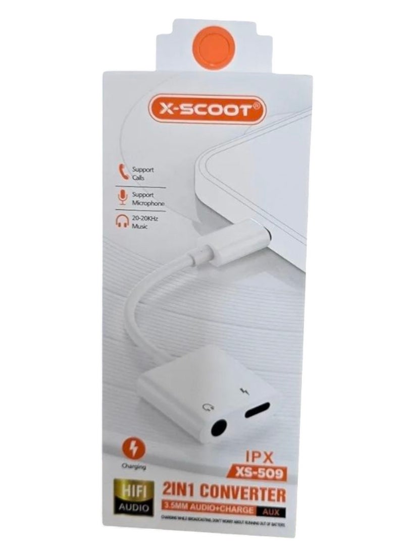 X-SCOOT - X-SCOOT XS-509 Lightning to AUX Headphone Splitter Adapter with 3.5mm Charger Port Compatible with iPhone 7/8/X/XS/11/12/13/1 Pro Max White 2 in 1 Dual - Image 1