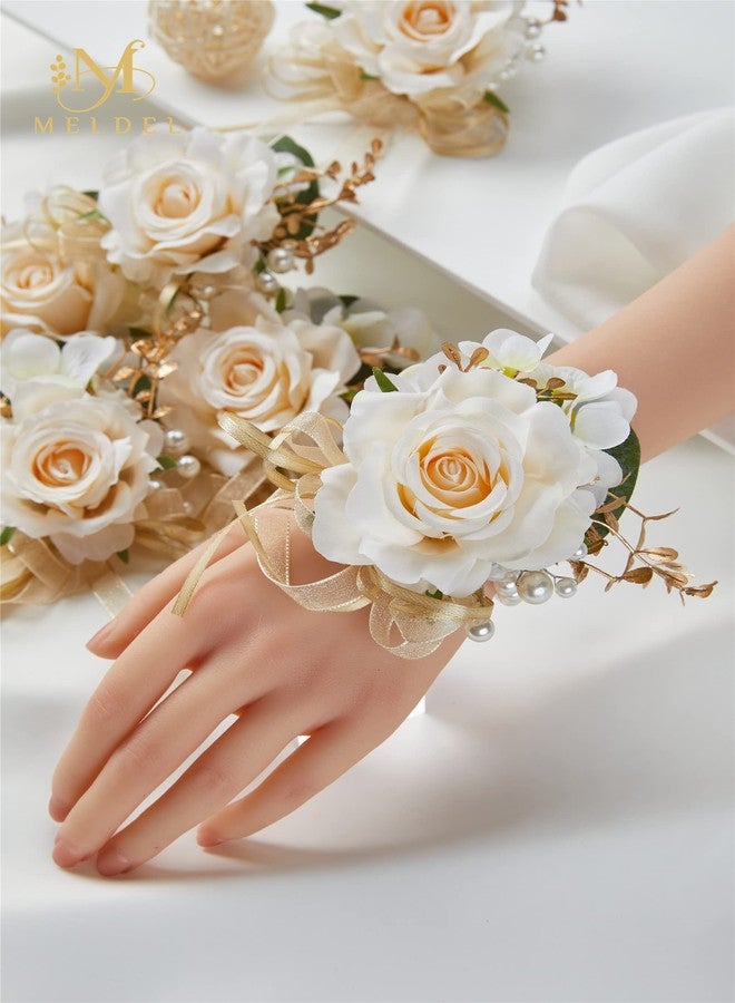 Meldel Champagne Prom Flower Wrist Corsage for Wedding, Set of 6, Rose Wrist Flower for Mother of Bride and Groom , Bride Bridesmaid Girl Women Party, Homecoming Ceremony Anniversary - Image 2
