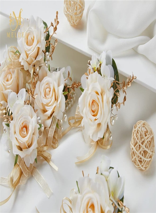 Meldel Champagne Prom Flower Wrist Corsage for Wedding, Set of 6, Rose Wrist Flower for Mother of Bride and Groom , Bride Bridesmaid Girl Women Party, Homecoming Ceremony Anniversary - Image 3
