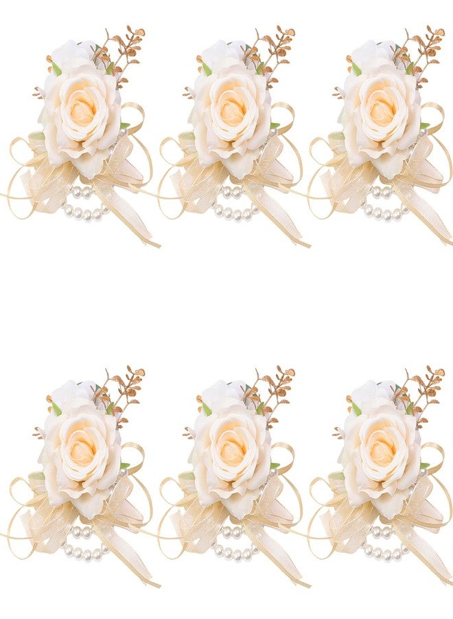 Meldel Champagne Prom Flower Wrist Corsage for Wedding, Set of 6, Rose Wrist Flower for Mother of Bride and Groom , Bride Bridesmaid Girl Women Party, Homecoming Ceremony Anniversary - Image 1