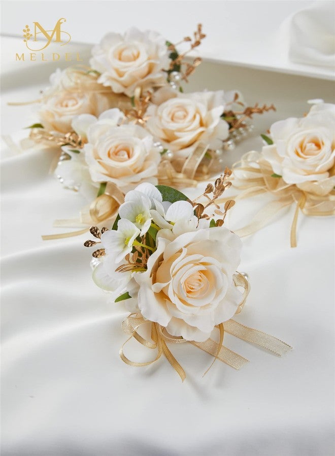 Meldel Champagne Prom Flower Wrist Corsage for Wedding, Set of 6, Rose Wrist Flower for Mother of Bride and Groom , Bride Bridesmaid Girl Women Party, Homecoming Ceremony Anniversary - Image 4