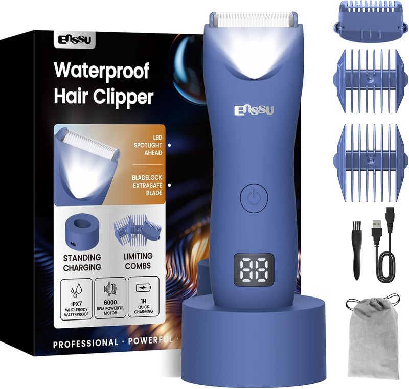 ENSSU Body Hair Trimmer for Men with Light IPX7 Waterproof Ball Pubic Groin Hair Trimmer for Men with Ceramic Blade Rechargeable Body Groomer for Men with Charing DockLED DisplayBlue