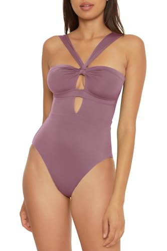 BECCA by Rebecca Virtue Color Code - Women's Convertible Bandeau One Piece Swimsuit, Asymmetrical Straps, Bathing Suits for Women, Fig, Medium - Image 1