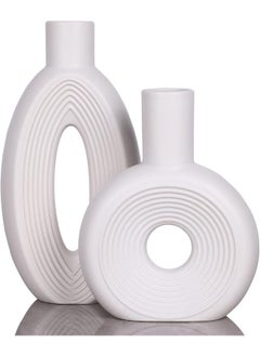 Ceramic Vase Set - 2, White Circle Vase With Hole Pampas Vases For Rustic Home Decor, Modern Decorative Vases, White Round Vase For Decor, Shelf, Table, Mantel, Decorative Flower Vases For Bookshelf