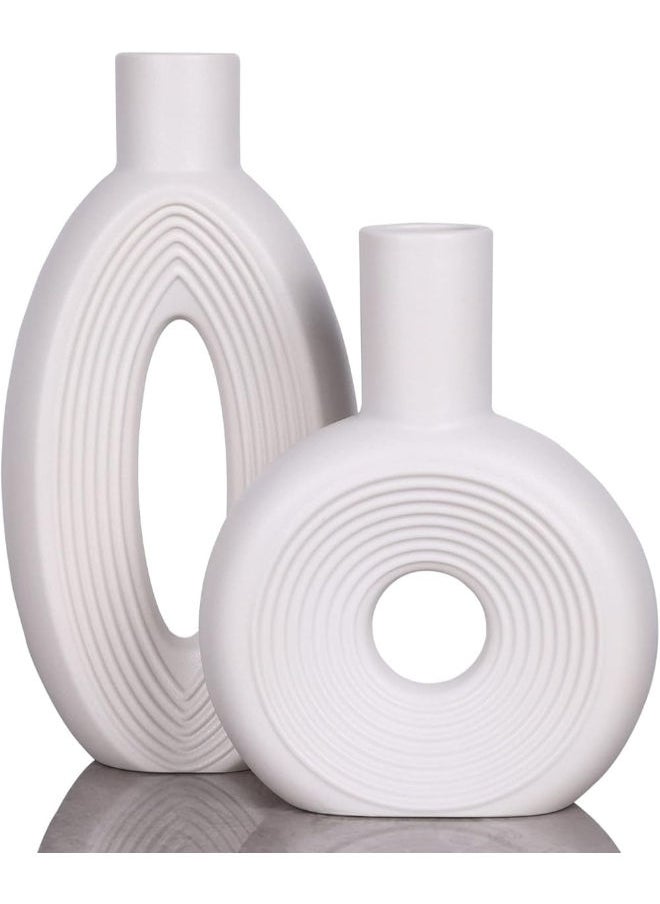 Generic - Ceramic Vase Set - 2, White Circle Vase With Hole Pampas Vases For Rustic Home Decor, Modern Decorative Vases, White Round Vase For Decor, Shelf, Table, Mantel, Decorative Flower Vases For Bookshelf - Image 1