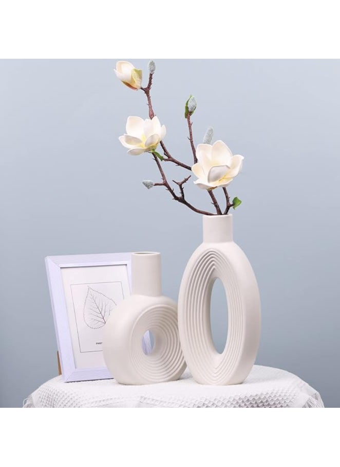 Generic - Ceramic Vase Set - 2, White Circle Vase With Hole Pampas Vases For Rustic Home Decor, Modern Decorative Vases, White Round Vase For Decor, Shelf, Table, Mantel, Decorative Flower Vases For Bookshelf - Image 1