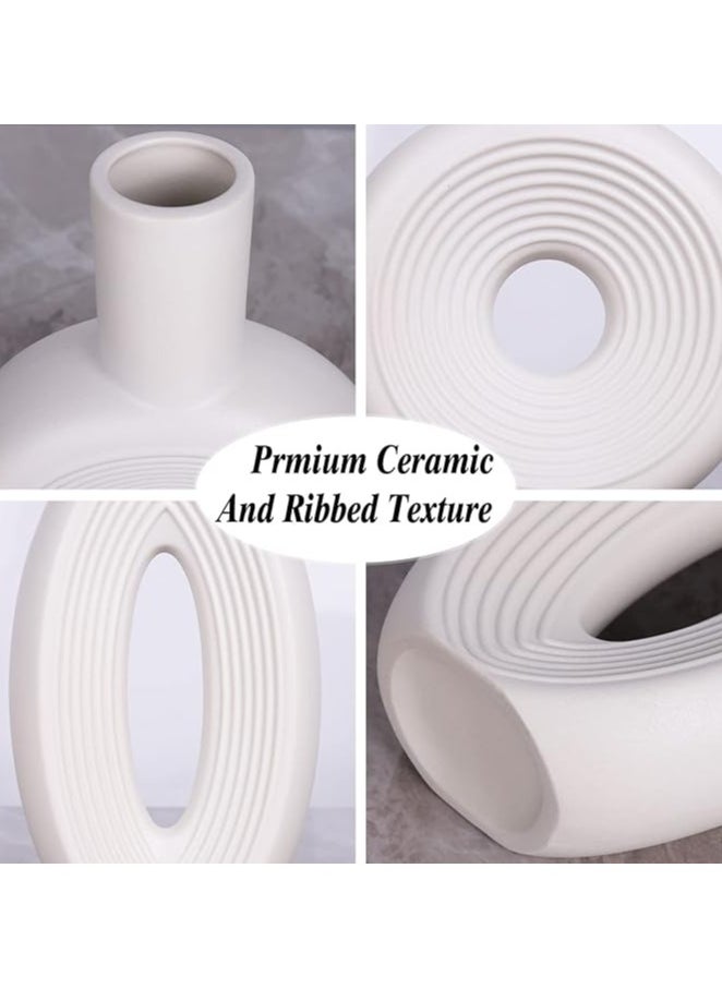 Generic - Ceramic Vase Set - 2, White Circle Vase With Hole Pampas Vases For Rustic Home Decor, Modern Decorative Vases, White Round Vase For Decor, Shelf, Table, Mantel, Decorative Flower Vases For Bookshelf - Image 1