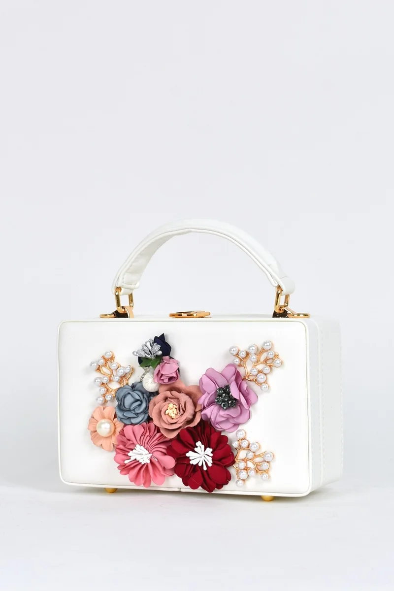 ايلاتي Women's Shoulder Strap Floral Stone Evening Dress Daily Hand Bag White 17612