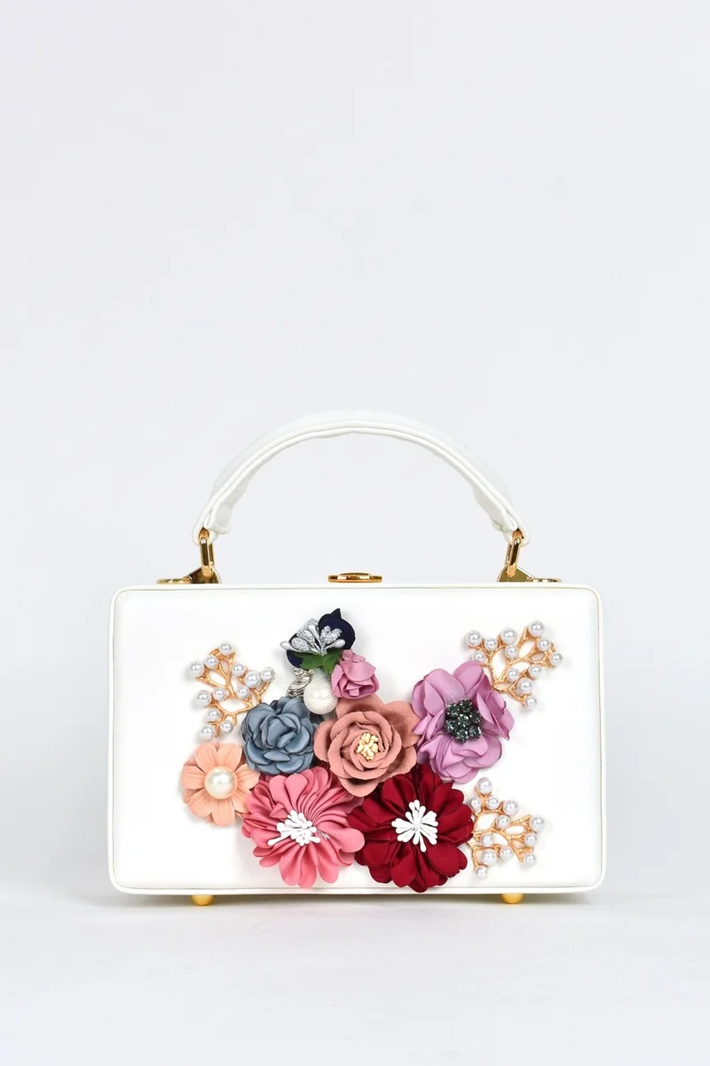 ايلاتي Women's Shoulder Strap Floral Stone Evening Dress Daily Hand Bag White 17612