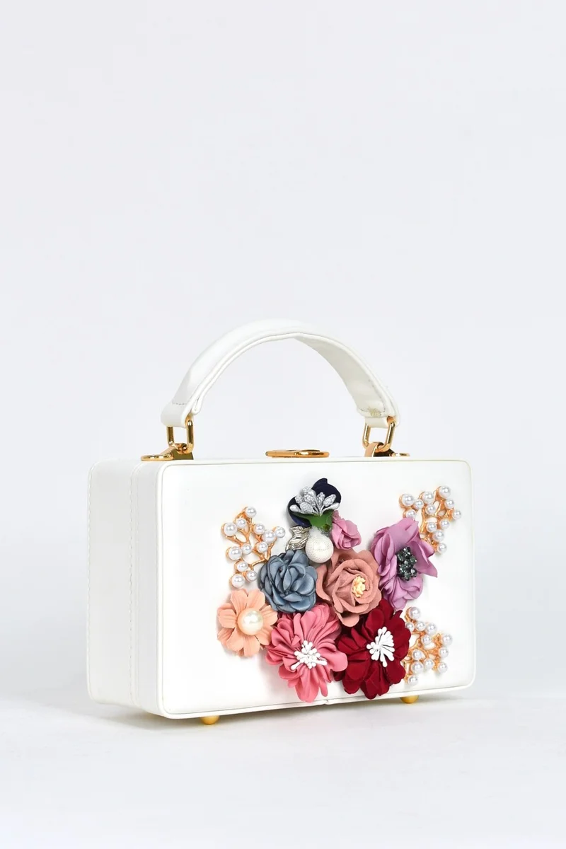 ايلاتي Women's Shoulder Strap Floral Stone Evening Dress Daily Hand Bag White 17612