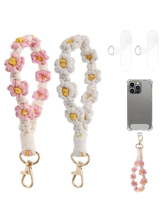 Generic T Tersely 2pcs Boho Phone Chain & Keychain Set for Women Handmade Macrame Lanyard with Daisy Charm, Adjustable Wrist Strap Key Ring Cute Accessories for Keys, Phone Strap or Lanyard（White and Pink）  - Image 1