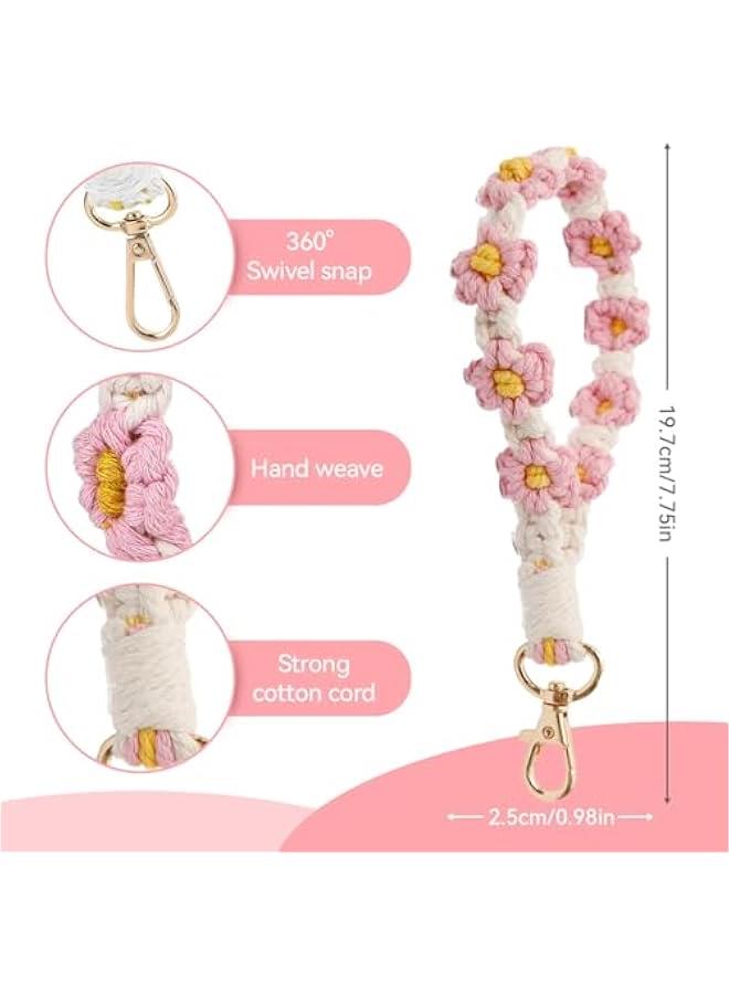 Generic T Tersely 2pcs Boho Phone Chain & Keychain Set for Women Handmade Macrame Lanyard with Daisy Charm, Adjustable Wrist Strap Key Ring Cute Accessories for Keys, Phone Strap or Lanyard（White and Pink）  - Image 2