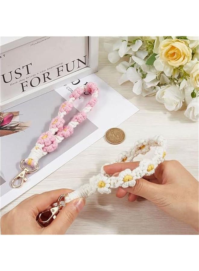 Generic T Tersely 2pcs Boho Phone Chain & Keychain Set for Women Handmade Macrame Lanyard with Daisy Charm, Adjustable Wrist Strap Key Ring Cute Accessories for Keys, Phone Strap or Lanyard（White and Pink）  - Image 5