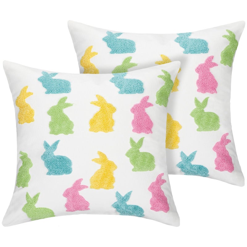 Cinnvoice Easter Pillow Covers 18x18 Inch Set of 2 Colorful Bunny Embroidered Cotton Square Cushion Cover Spring Decorations for Easter Home Bedroom Sofa Holiday Festivals Decor - Image 2