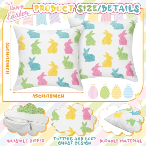 Cinnvoice Easter Pillow Covers 18x18 Inch Set of 2 Colorful Bunny Embroidered Cotton Square Cushion Cover Spring Decorations for Easter Home Bedroom Sofa Holiday Festivals Decor - Image 3