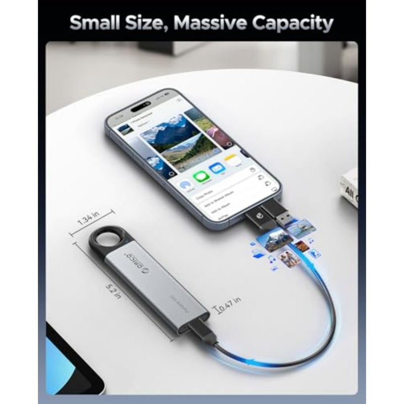 Portable SSD 512GB for Smartphone Tablet Laptop: Aluminum Body Black with Hanging Hole Design 2-in-1 USB-C/A Cable, Up to 1050MB/s - Image 2