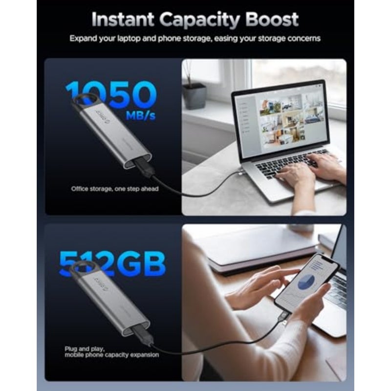 Portable SSD 512GB for Smartphone Tablet Laptop: Aluminum Body Black with Hanging Hole Design 2-in-1 USB-C/A Cable, Up to 1050MB/s - Image 4