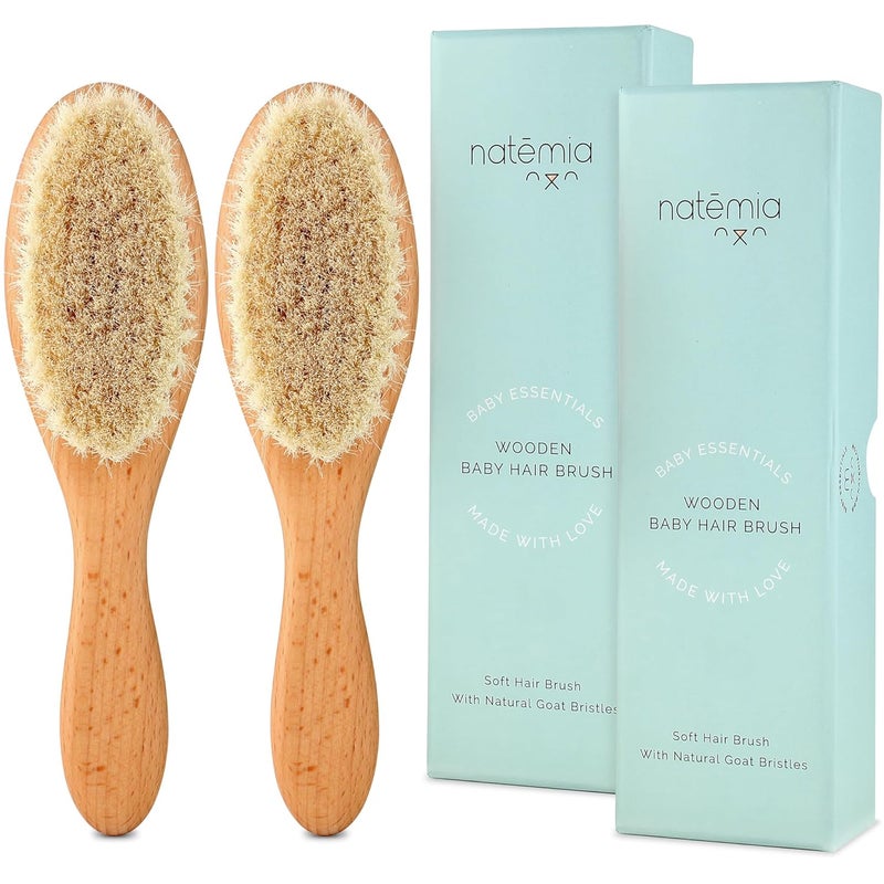 Natemia Soft Bristle Baby Hair Brush Set  2 Pack Wooden Brushes for Newborns Toddlers and Baby Registry Gift