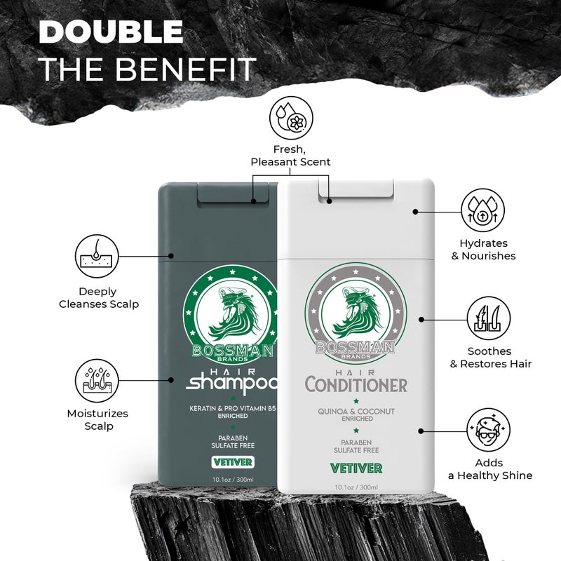 Bossman Hair Shampoo and Conditioner Combo - Hydrating, Strengthening, and Soothing Formula for Men's Hair - Paraben Free & Sulfate Free (Vetiver X) - Packaging May Vary - Image 3