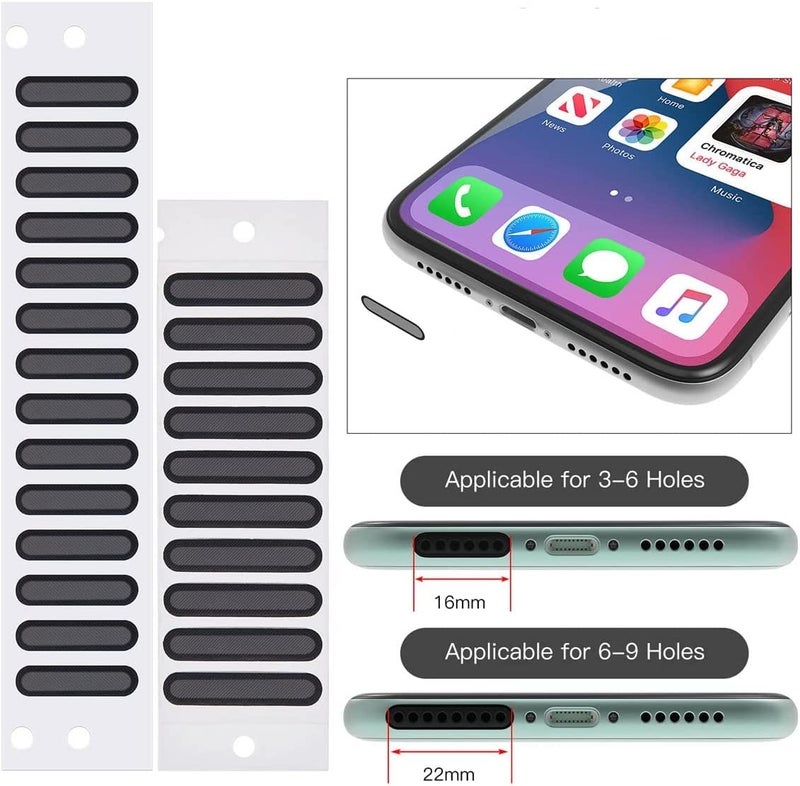 ZOTIMO Mesh Anti Dust Proof Adhesive Net Sticker with Tweezers, Long and Short Speaker Dustproof Cover with Cleaning Kit Protects(24Pack=14short+10long)(Cloth+2 C-Type Plug, Black) - Image 2
