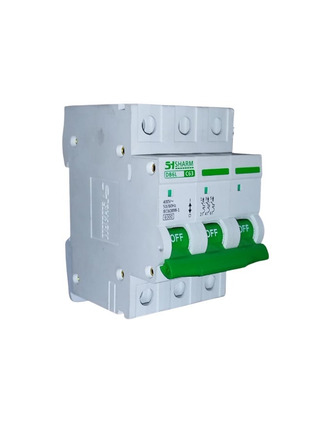 Sanshe sharm Circuit Breaker 63Amp Triple  – 3 Phase – DB6L – C63 – 400V – 50/60Hz – IEC60898-1. Full overload protection. Lifetime warranty from Sanshe Sharm Original. - Image 1