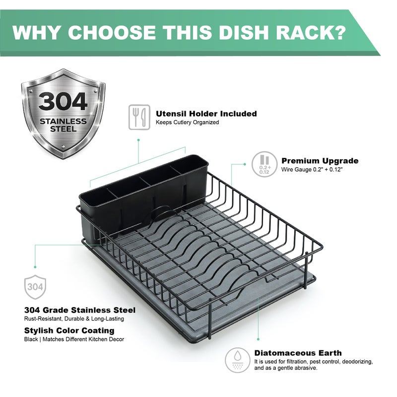 SunnyPoint 304 Stainless Steel Dish Drying Rack with Diatomaceous Earth Drainboard & Removable Utensil Caddy â€“ Rust Resistant Countertop Dish Rack for Kitchen (Black) - Image 4